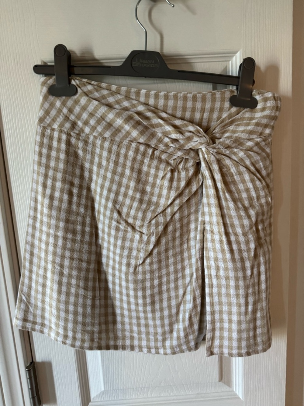 Hollister Beige and White Gingham Twist-Front Mini Skirt